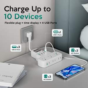 Оптовая продажа: Удлинитель-тройник с 3 розетками, защитой от перенапряжения, вилкой стандарта США, 4 портами USB и часами, портативный - Product Image 6