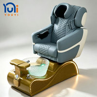 Fauteuil de pédicure spa LED de luxe, fauteuil de manucure électrique inclinable, base dorée, bassin pour les pieds en verre, mobilier de salon de manucure commercial