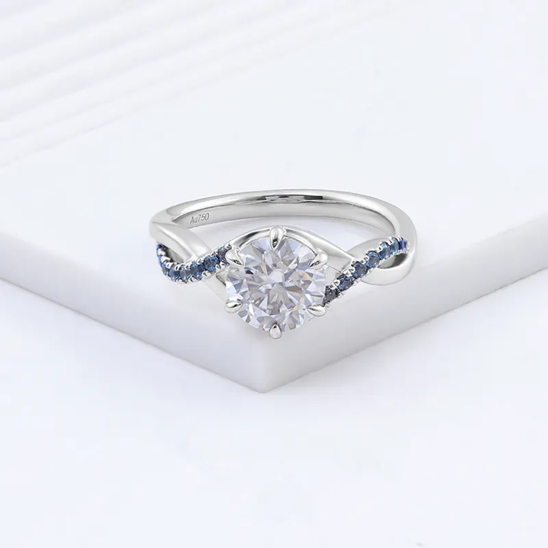 Classic style twist band moissanite diamond 18k real gold engagement ring blue corundum birth stone rings