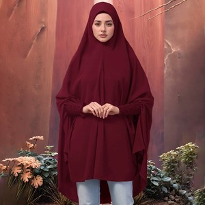 Khimar en jersey de coton uni avec manches élastiques, turban en chanvre cristallin, foulard pour femme musulmane, décontracté - Product Image 3