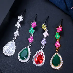 Classical Green Red CZ Crystal Flower Long Water Drop Bridal Wedding Earrings for Woman Indian Cubic Zirconia Jewelry Accessory