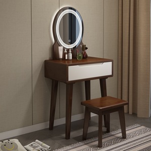 Coiffeuse moderne européenne minimaliste nordique en bois massif avec miroir éclairé et veilleuse, rangement intégré pour salon et petits appartements - Product Image 1
