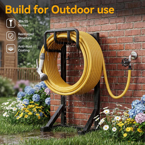 <b>Garden</b> hose holder, freestanding metal hose storage rack with tool <b>hooks</b>, outdoor patio lawn rack. - Product Image 4