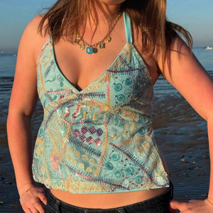 Beach Vacation Fashion Vintage <b>Sequins</b> Colorblock V Neck Halter Cami <b>Top</b> Mesh Open Back Tie Back Slim Fit Sleeveless <b>Top</b> - Product Image 1