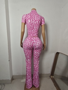MUYUAN New <strong>Fall</strong> 2026 Custom Logo Leopard Print Two Piece Womens Short Sleeve Zip up Jacket with Long Flare Pants Loungewear - Product Image 6