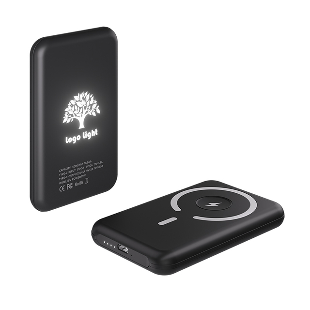 New Design Custom LED Luminous Logo Slim Wireless 15w Power Bank Magnetic 5000mah Power Bank