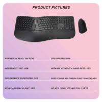 Kombo Keyboard dan Mouse Nirkabel Ergonomis dengan Sandaran Telapak Tangan yang Dapat Disesuaikan dan Tombol Membran Profil Rendah