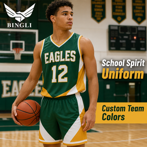 Ensemble d'uniformes de basketball personnalisés pour l'esprit scolaire – Maillot et short color block, extensibles dans quatre directions, anti-humidité et respirants à 100 % - Product Image 1