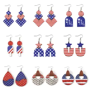 Boucles d'oreilles étoile goutte drapeau de l'indépendance américaine Boucles d'oreilles en bois Bijoux pour femmes