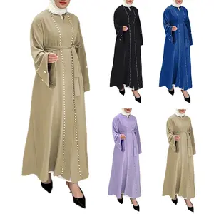 Fashion Solid Color Flared Sleeve Cardigan Beading Pearl Open Front Dress Robe Muslim Islamic Women Clothes