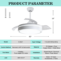 Ventilateur de plafond rétractable décoratif moderne de 42 pouces avec lumière LED, moteur DC, éclairage intérieur économe en énergie pour chambre à coucher et salle à manger