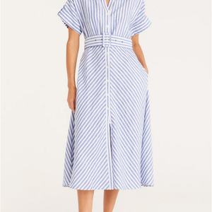 Custom Linen Short Sleeve Classic Collar Stripe Women Midi Shirt <b>Dress</b> - Product Image 3