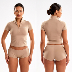Conjunto de Yoga de Lujo Discreto para Mujer 2026, Color Beige Nude, Top de Manga Corta con Media Cremallera y Shorts Moldeadores, Conjunto Deportivo de 2 Piezas, Ropa de Gimnasio sin Costuras - Product Image 1