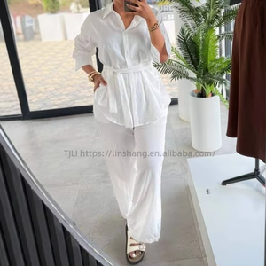 Women's Belted Shirt & Wide Leg <b>Pants</b> Set Long Sleeve Button-<b>Down</b> 2 Piece Outfit Fashion - Product Image 4