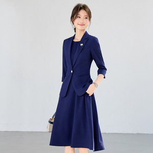 Women's Green Suit <b>Set</b> Three Quarter Sleeve Solid Color <b>Blazer</b> Dress Office Wear Anti Wrinkle Slim Fit - Product Image 2