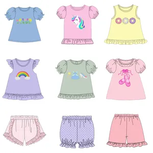 Peuter Meisjes Zomer Ruches Bloeier Korte Set Kids Custom Popsicle Geborduurde Kleding Gesmokte Broers En Zussen Bijpassende Outfits