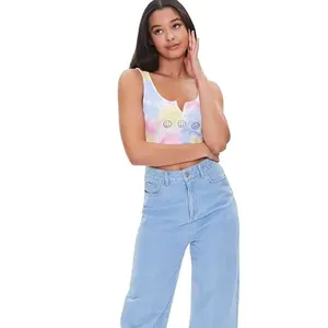 KY new design sleeveless Tie Dye Face Graphic split square neckline Crop Top and Blue Female Jeans Pants Two pieces sets