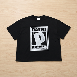 T-shirt en coton surdimensionné pour homme, décontracté, à manches courtes, col rond, imprimé, streetwear, noir, avec inscription « Rated P For Positivity » - Product Image 3
