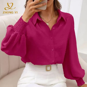Vente en gros de vêtements personnalisés pour femmes chemisier Jacquard uni revers manches ballons amples poignets élastiques bras longs chemises décontractées hauts - Product Image 4