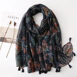 2020 new arrive national style pattern scarf black sequined flowers print linen strip scarf