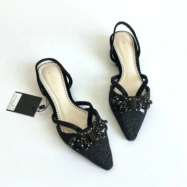 Wholesale New Brand Custom Heels Fashion Women's Sandals Stock Black Suede Rhinestone Party Flat Heels