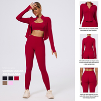 Ensemble de yoga personnalisé pour femme avec logo, veste courte zippée à col montant, soutien-gorge de sport et leggings taille haute moulants – Vêtements de sport en gros