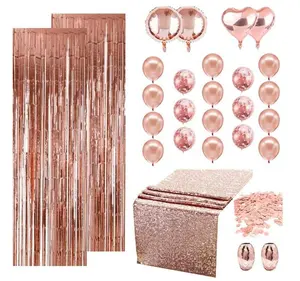 Rose Gold Sequin Table Runner Foil Curtain Birthday Rose Gold Party Decoration Set for Wedding Bridal Shower Decoration