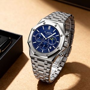 Reloj de Cuarzo para Hombre Jlanda, Correa de Acero Inoxidable Octogonal, Esfera Azul, Cronógrafo, Fase Lunar, Fecha, Resistente al Agua, Estilo Ejecutivo - Product Image 2