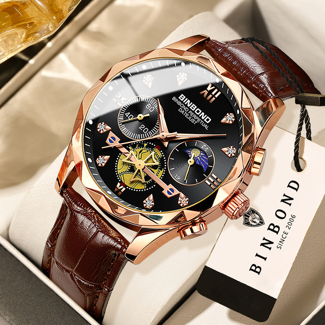 BINBOND Multifunctional Quartz Luxury Watch Versatile Fashion Men's Stainless Steel Watch Leather Wrist Watch