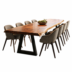 Mesa de Comedor Moderna Industrial de Madera Maciza con Borde Natural, Patas de Metal Negro y Sillas Tapizadas - Product Image 3