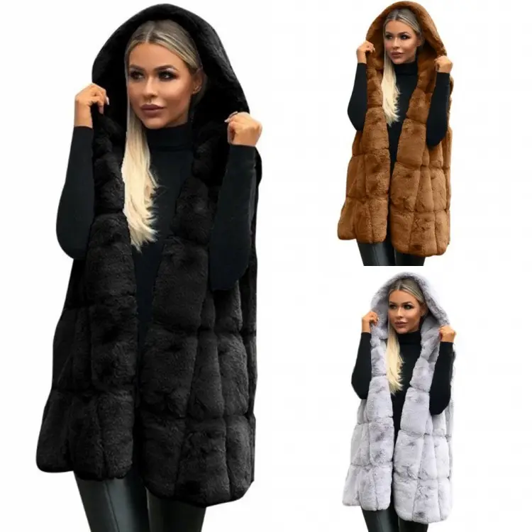 Faux Fur Vest women's Winter Sleeveless Casual long coat Female Fluffy Plush Vest Hooded Overcoats For women Fur Jacket S-2XL