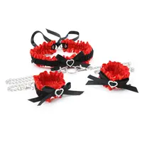БДСМ сексуальный костюм черный в форме сердца со стразами бантом шейный рукав Красные кружевные Наручники ремешок с цепочкой Флирт костюм