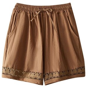 Women's Cotton Linen Shorts Elastic Waist Lace Trim Casual Summer Wide Leg Pants Breathable Khaki Hemp Black Coffee Yellow - Product Image 5