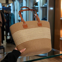 Tas Tote Kasual Wanita Stripe Kapasitas Besar Hundred Seaside Beach Rattan Wovenr dengan Penutup Ritsleting untuk Wanita