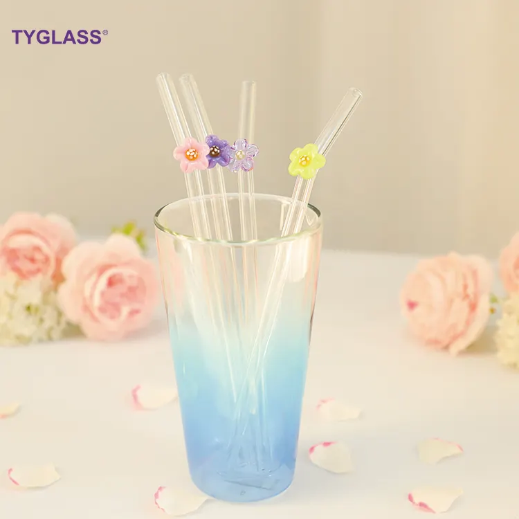 Canudos de vidro reutilizáveis canudos de vidro coloridos de borosilicato com flores fofas para uso em bar doméstico