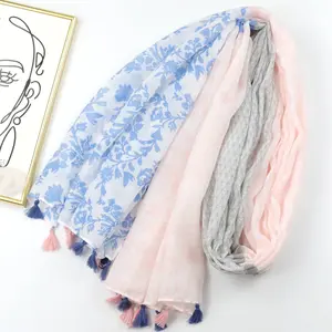 Style ethnique Feuille Glands Coton Voile Foulard Châle Femmes Doux Long Fleurs Châle Voile Écharpe avec Frange