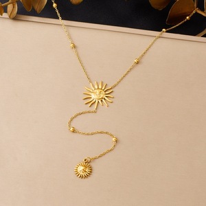 Fashionable Retro Sun Face Pendant Gold Plated Long Chain Y Shape Stainless Steel Necklace Daily Party Jewelry - Product Image 1
