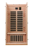 Sauna infrarouge moderne pour une personne, en bois massif, design minimaliste, panneau de commande électronique, usage domestique