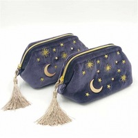 Logo personnalisé lune étoiles soleil rose maquillage résistant à l'eau velours broderie maquillage brosse sac stockage fermeture éclair cosmétique pochette