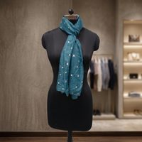 Écharpe longue en soie pour femme, couleur turquoise avec motif étoiles et pois roses, légère, pour un usage quotidien, toutes saisons