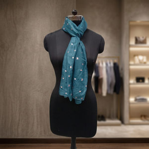 Women's Long <b>Silk</b> <b>Scarf</b> Teal Color With Pink Stars And Dots Pattern Lightweight For Daily Wear All Seasons - Product Image 4