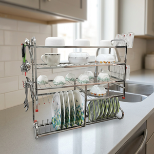 Étagère à vaisselle en métal à 4 niveaux avec crochets pour le rangement des bols, assiettes et tasses dans la cuisine - Product Image 6
