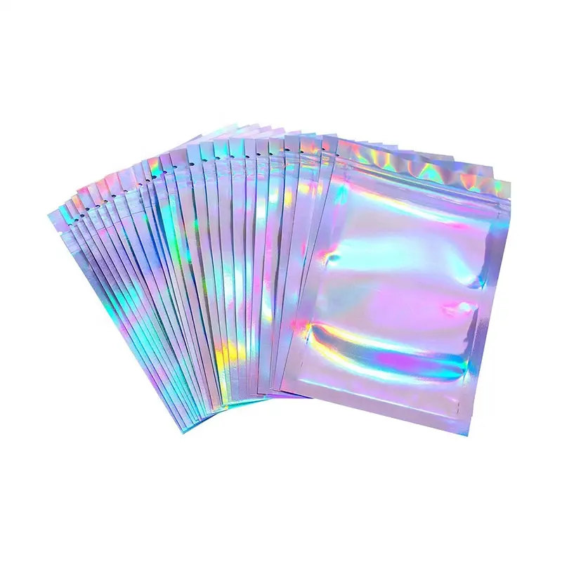 Bolsas de papel de aluminio con cremallera resellable holográfica Mylar, ventana transparente, bolsa de embalaje de almacenamiento de alimentos para pequeñas empresas, plástico a prueba de olores