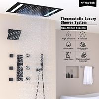 Système de douche thermostatique noir avec pommeau de douche rectangulaire 14x20 pouces, tête LED à montage au plafond 6 pouces, pommeau mural et douchette à main 4