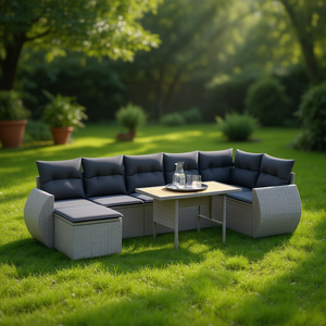 ชุดโซฟาสวนสีเทา เฟอร์นิเจอร์หวายกลางแจ้ง พร้อมเบาะกันน้ำ ดีไซน์ร่วมสมัย ทนทาน ป้องกันรังสียูวี ทำจากหวาย PE - Product Image 2