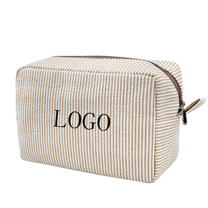 Bolsas de Cosméticos de Seersucker para Mujer, Organizador de Maquillaje de Viaje, Bolsa de Almacenamiento con Cierre de Cremallera, Bolsa de Maquillaje a Rayas para Viaje - Product Image 1