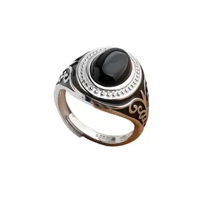 Bijoux turcs Vintage, bague en pierre noire pour hommes, bague en argent Sterling 925 véritable avec pierre d'agate naturelle