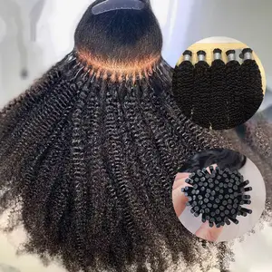 100% remy brazilian indian virgin 12a raw natural black i tips human crochet tips 4B 4C 3B 3C kinky curly i tip hair extensions