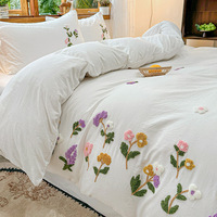 Parure de lit en coton lavé 3/4 pièces, super douce, respirante, broderie florale, pour toutes les saisons, maison et hôtel