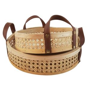 Oem & ODM có sẵn trực tiếp nhà sản xuất làm bằng tay mây + Lưu trữ bằng gỗ Giỏ bánh mì trái cây rau khay với da xử lý - Product Image 4